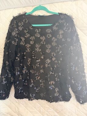 CeCe Black Sequin Fringe Long Sleeve Top